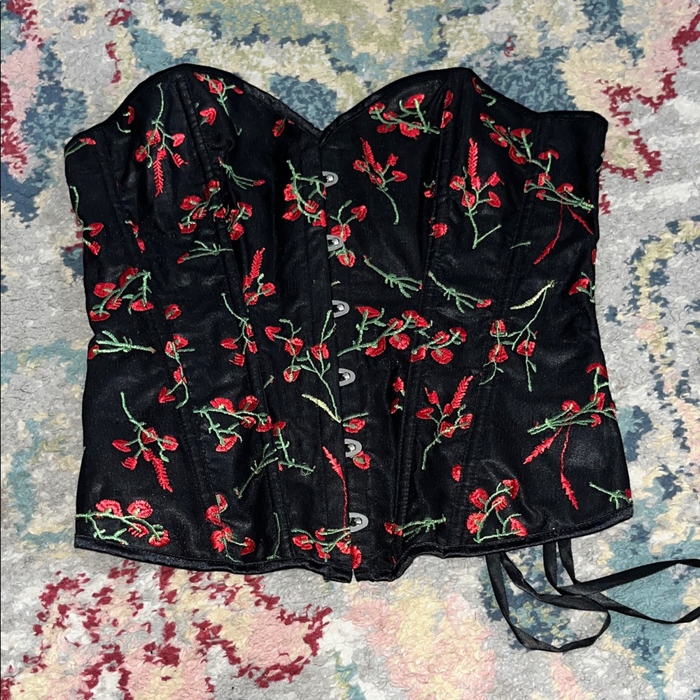 Floral Embroidered Black Corset Top